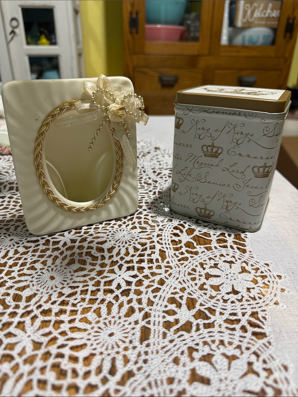 Ivory Decorative Photo Frame with Gold Trim and storage canister lot